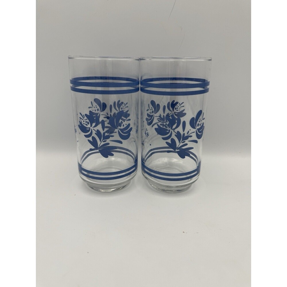 Vintage Pfaltzgraff Yorktowne Blue Floral 14 oz Tumblers Glassware Set of 2